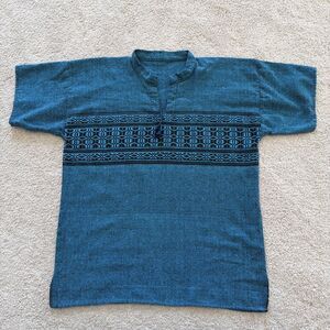 Boho Teal Black Woven Tunic Shirt Geometric Ethnic Tassel Tie Oversized